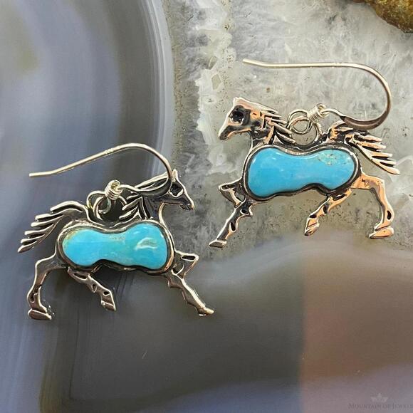 Native American Sterling Silver Blue Turquoise Horse Dangle Earrings For Women
